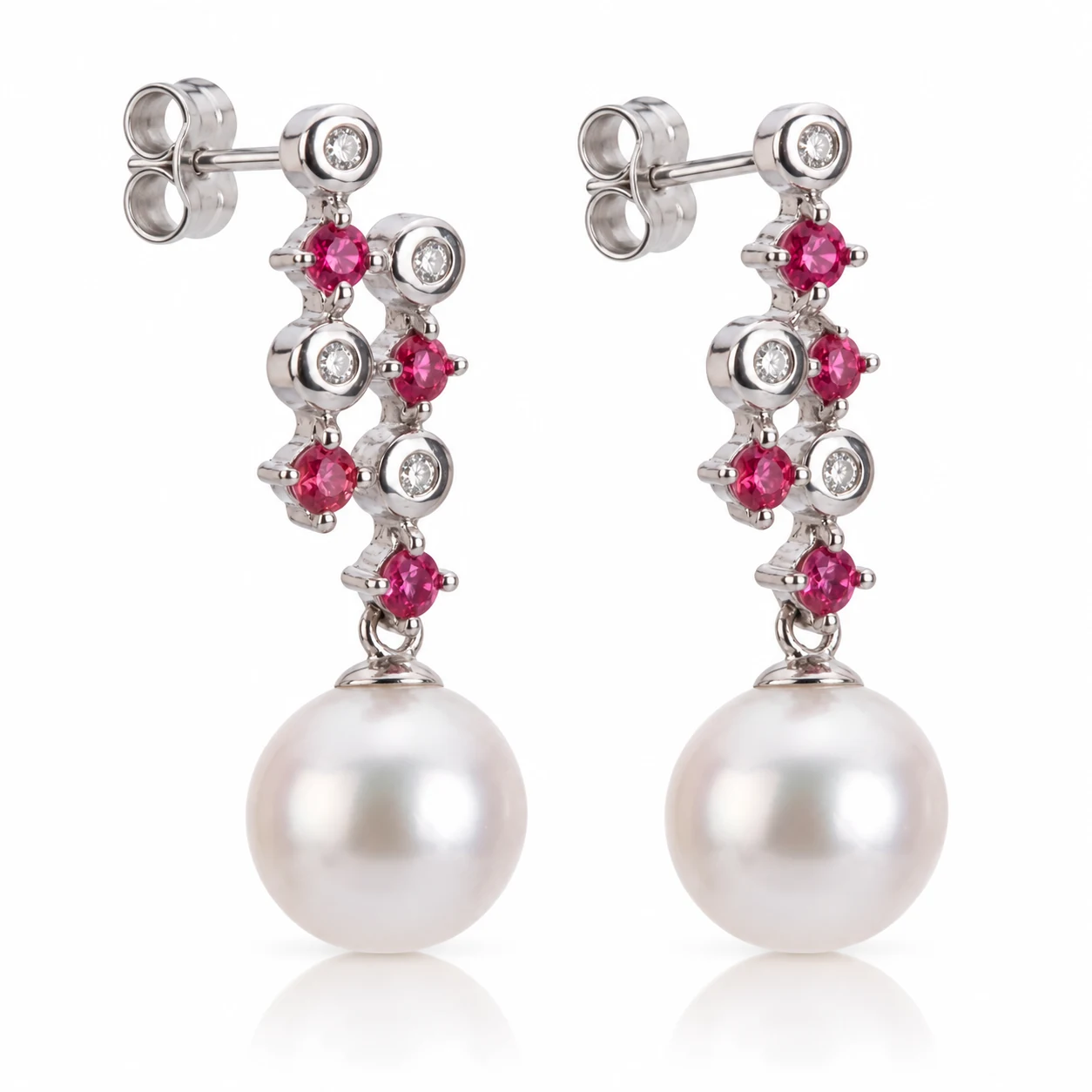 Akoya Pearl Diamond & Pink Tourmaline Drop Earrings  |  18ct White Gold