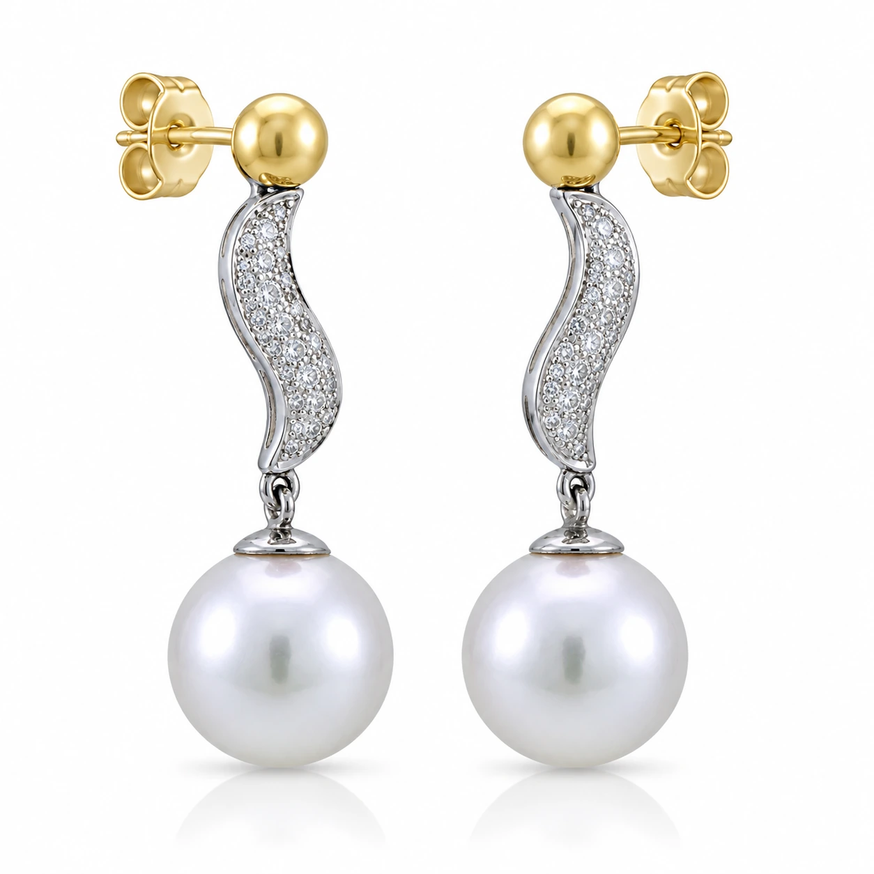South Sea Pearl & Diamond "S" Shape Design Earrings  |  18ct Yellow & White Gold