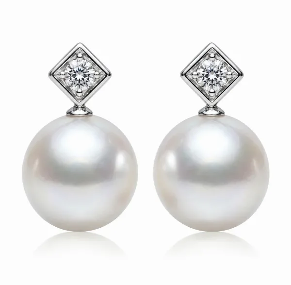 Akoya Pearl & Diamond Square On Point Grain Set Earrings  |  18ct White Gold