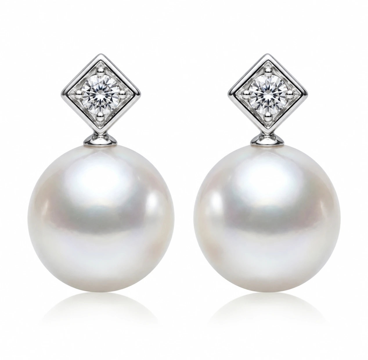 Akoya Pearl & Diamond Square On Point Grain Set Earrings  |  18ct White Gold